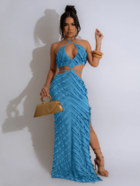 Blue Sexy Halterneck Lace-Up Slim-Fitting Hollow Dress