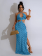 Blue Sexy Halterneck Lace-Up Slim-Fitting Hollow Dress