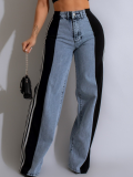 Black Fashion Patchwork Three-Stripe Wide-Leg Denim Trousers