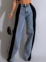 Black Fashion Patchwork Three-Stripe Wide-Leg Denim Trousers