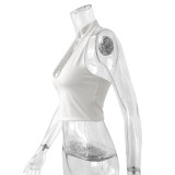 White Sexy V-Neck Backless Navel T-Shirt