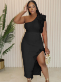 Black Wood Ear Trimmed Shoulder Slash High Split Two Piece Suit