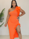 Orange Wood Ear Trimmed Shoulder Slash High Split Two Piece Suit