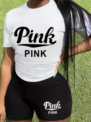 White O-Neck Letter Print Personalized Casual Two-Piece Suit