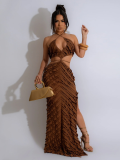 Brown Sexy Halterneck Lace-Up Slim-Fitting Hollow Dress