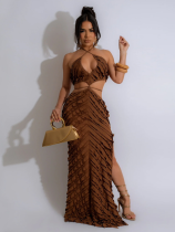 Brown Sexy Halterneck Lace-Up Slim-Fitting Hollow Dress