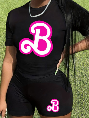 Black O-Neck Letter Print Personalized Casual Two-Piece Suit