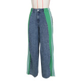 Green Fashion Patchwork Three-Stripe Wide-Leg Denim Trousers