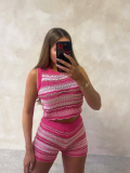 Rose Red O-Neck Striped Sweater Fashionable Tight Two-Piece Suit