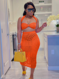 Orange Sexy Knitted Wrap Chest Skirt Two Piece Set