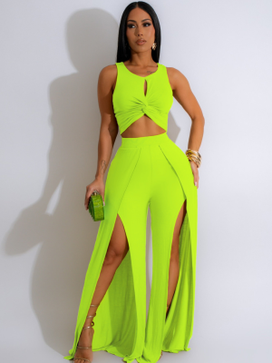 Fluorescent Green Fashionable Casual Split Vest Wide-Leg Pants Two-Piece Set