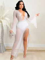 White Sexy Deep V Wide-sleeved Dress With Irregular Slits