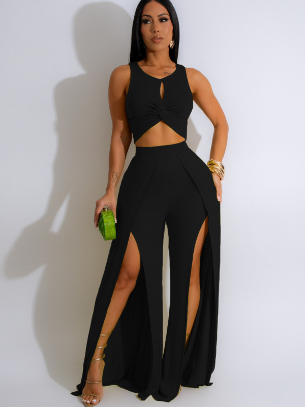 Black Fashionable Casual Split Vest Wide-Leg Pants Two-Piece Set