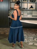 Dark Blue Sleeveless Tassel Suspender Long Dress