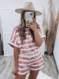 Red Striped Tie-Dye Short-Sleeved Fashionable And Casual Two-Piece Suit