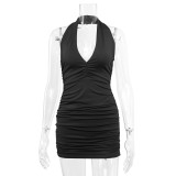 Black V-Neck Halter Neck Sexy Simple Pleated Dress