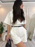 White Striped Round Neck Fashionable Casual Two-Piece Suit