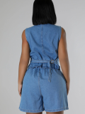 Blue Fashion Casual Sleeveless High Waist Denim Shorts Two Piece Set