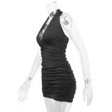 Black V-Neck Halter Neck Sexy Simple Pleated Dress
