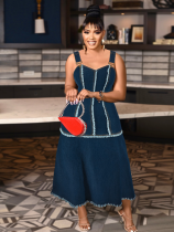 Dark Blue Sleeveless Tassel Suspender Long Dress