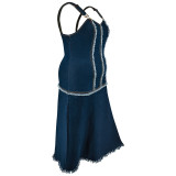 Dark Blue Sleeveless Tassel Suspender Long Dress