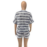 Grey Striped Tie-Dye Short-Sleeved Fashionable And Casual Two-Piece Suit