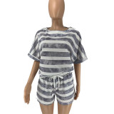 Grey Striped Tie-Dye Short-Sleeved Fashionable And Casual Two-Piece Suit
