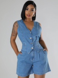 Blue Fashion Casual Sleeveless High Waist Denim Shorts Two Piece Set