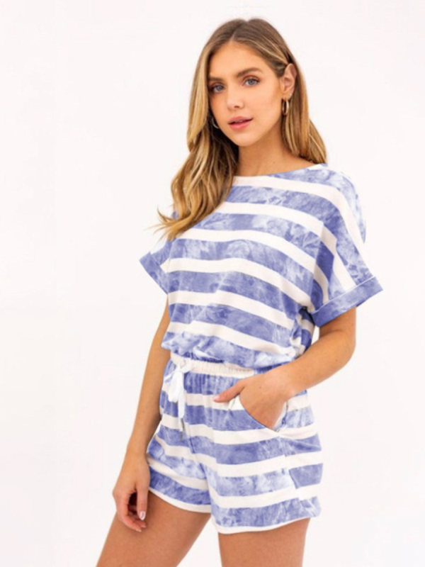 Blue Striped Tie-Dye Short-Sleeved Fashionable And Casual Two-Piece Suit