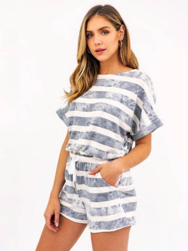 Grey Striped Tie-Dye Short-Sleeved Fashionable And Casual Two-Piece Suit