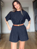 Dark Blue Striped Round Neck Fashionable Casual Two-Piece Suit