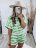 Green Striped Tie-Dye Short-Sleeved Fashionable And Casual Two-Piece Suit