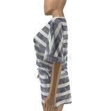 Grey Striped Tie-Dye Short-Sleeved Fashionable And Casual Two-Piece Suit