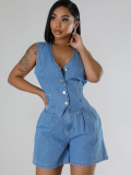 Blue Fashion Casual Sleeveless High Waist Denim Shorts Two Piece Set