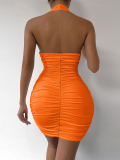 Orange V-Neck Halter Neck Sexy Simple Pleated Dress