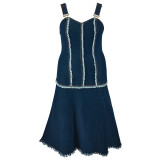 Dark Blue Sleeveless Tassel Suspender Long Dress
