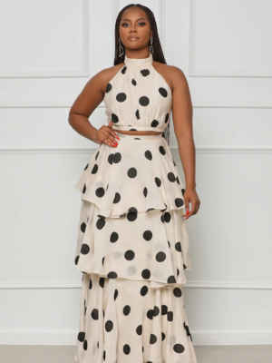 Halter Neck Polka Dot High Waist Ruffles Fashion Two-Piece Set