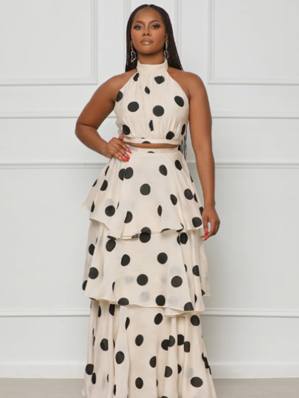 Halter Neck Polka Dot High Waist Ruffles Fashion Two-Piece Set