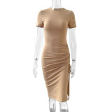 Khaki Sexy Side Slit Drawstring Short Sleeve Dress