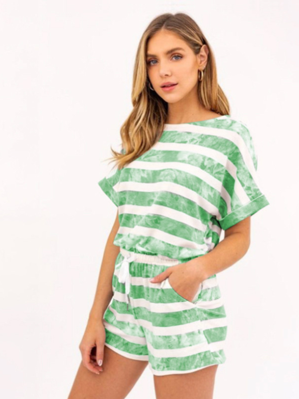 Green Striped Tie-Dye Short-Sleeved Fashionable And Casual Two-Piece Suit