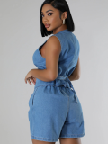 Blue Fashion Casual Sleeveless High Waist Denim Shorts Two Piece Set