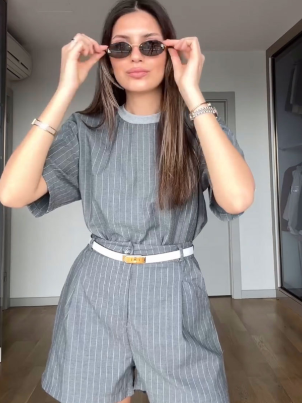 Grey Striped Round Neck Fashionable Casual Two-Piece Suit