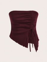 Wine Red Drawstring Slit Irregular Slim Fit Tube Top Vest Top