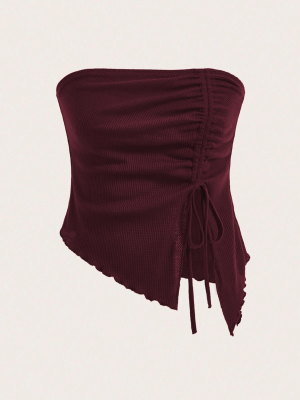 Wine Red Drawstring Slit Irregular Slim Fit Tube Top Vest Top