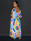 Blue Sexy V-Neck Printed Backless Pleated Dress