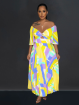Yellow Sexy V-Neck Printed Backless Pleated Dress