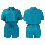 Dark green Fashion Casual Lapel Shirt Shorts Suit