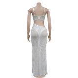 White Fashion Suspender Perm Diamond Mesh See-through Slit Dress