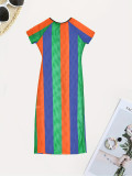 Summer Short-Sleeved Striped Color-Blocked Slit Dress