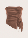 Brown Drawstring Slit Irregular Slim Fit Tube Top Vest Top
